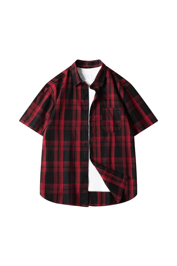 Mens Short Sleeve Button Down Shirt Plaid Button Up Shirts Casual Summer Work Beach Shirts Red L