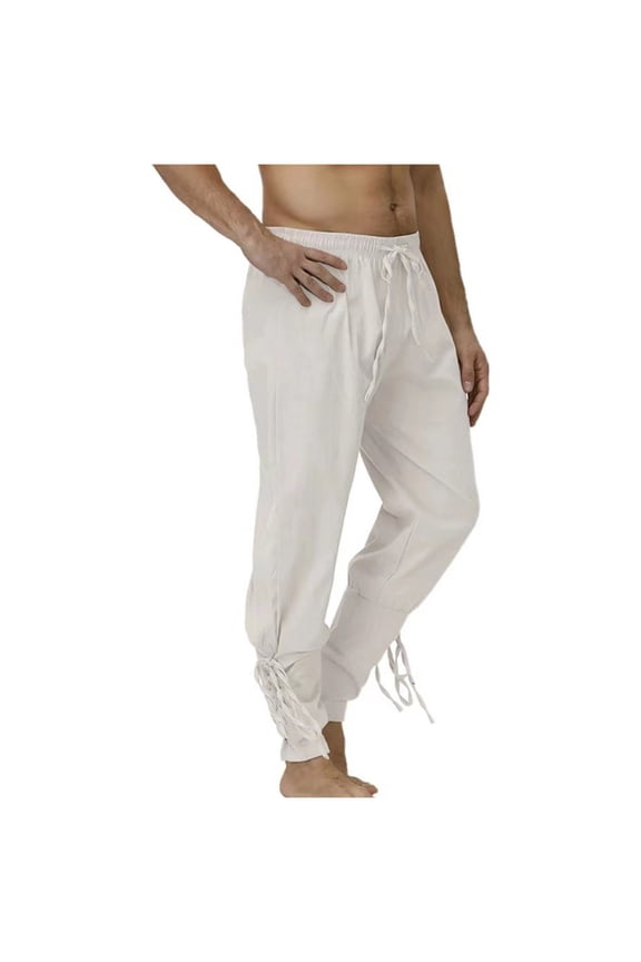 Mens Spring Summer Autumn Ankle Banded Lace up Pants Medieval Viking Navigator Trousers Renaissance Pants White L