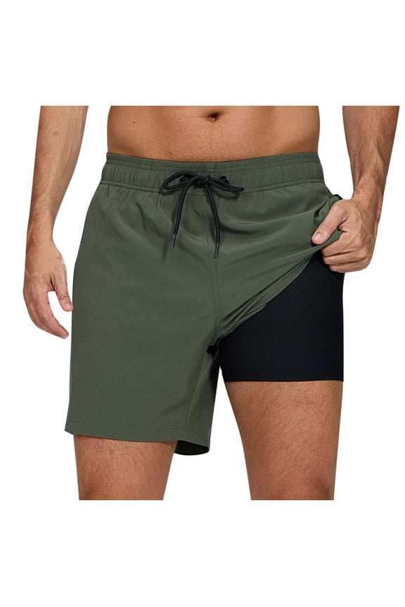 Mens Swim Trunks with Compression Lined Short Bathing Suits for Men 5 Inch Inseam Liner Men's Swimming Trunk Army Green L