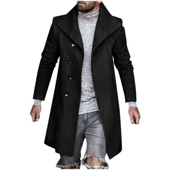 CHEEREAM Mens Trench Coat Slim Fit Notched Collar Fall Winter Single Breasted Pea Coat Warm Soft Overcoat Black M