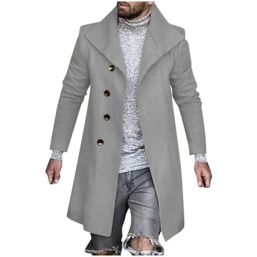 CHEEREAM Mens Trench Coat Slim Fit Notched Collar Fall Winter Single Breasted Pea Coat Warm Soft Overcoat Gray L