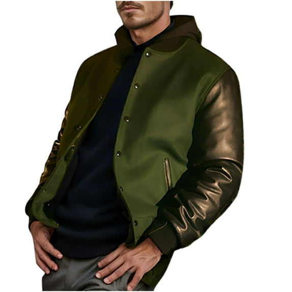 CHEEREAM Mens Varsity Letterman Baseball Bomber Retro Vintage Jacket Black Wool Black Genuine Leather Sleeves Jacket with Hood Green S