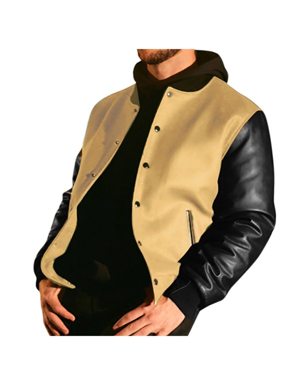 Mens Varsity Letterman Baseball Bomber Retro Vintage Jacket Black Wool Black Genuine Leather Sleeves Jacket with Hood Yellow S