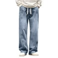 thumbnail image 1 of CHEEREAM Mens Wide Leg Jeans Elastic Waist Baggy Jeans Casual Loose Fit Drawstring Denim Pants Trousers Blue 2XL, 1 of 5