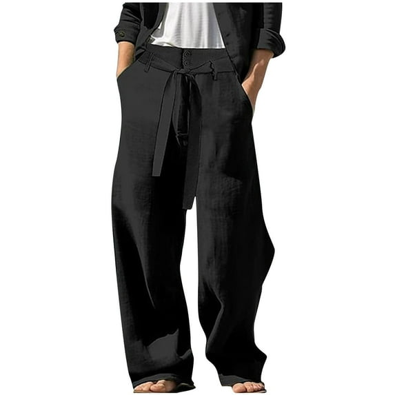 CHEEREAM Mens Wide Leg Pants Linen Pant Belted High Waisted Business Casual Flowy Long Trousers with Pockets Black L