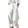 thumbnail image 1 of CHEEREAM Mens Wide Leg Pants Linen Pant Belted High Waisted Business Casual Flowy Long Trousers with Pockets White S, 1 of 7