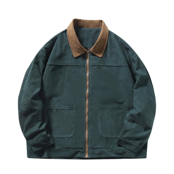 CHEEREAM Mens Zip up Western Corduroy Jackets Lightweight Collar Bomber Jacket Retro Collar Long Sleeve Ribbed Coat with Pockets Green 3XL