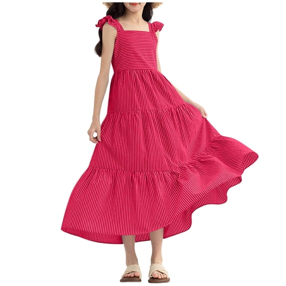 CHEEREAM Midi Dresses For Girls Summer Casual Striped Square Neck Flutter Sleeve Dress Kids Ruffle Boho Flowy Beach Vacation Sundress