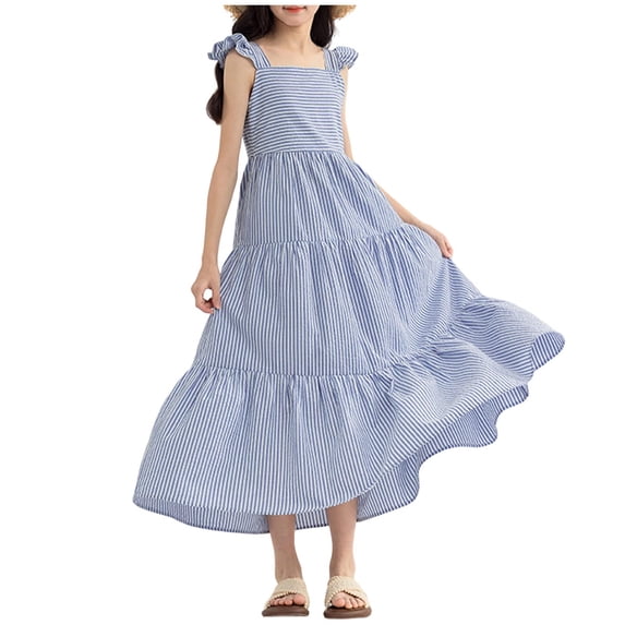 CHEEREAM Midi Dresses For Girls Summer Casual Striped Square Neck Flutter Sleeve Dress Kids Ruffle Boho Flowy Beach Vacation Sundress