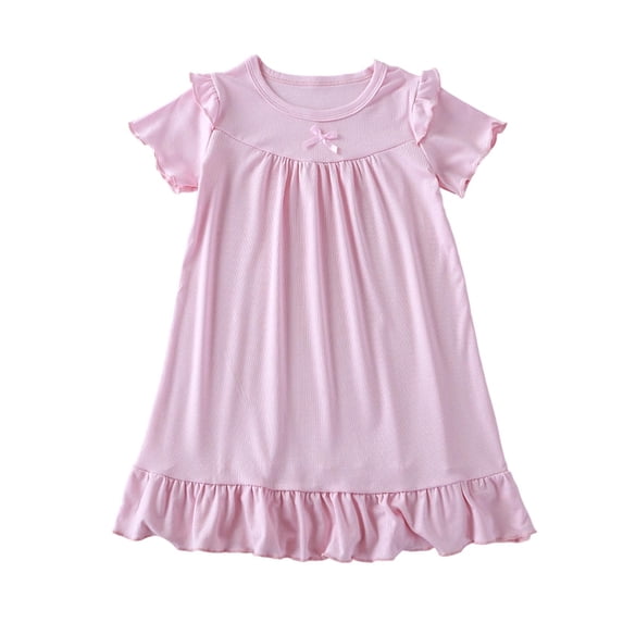 CHEEREAM Nightgown Dress For Girls Pleated Summer Short Sleeve Ruffle Hem Swing Mini Dresses for Kids Bowtie Decorated Daily Wear