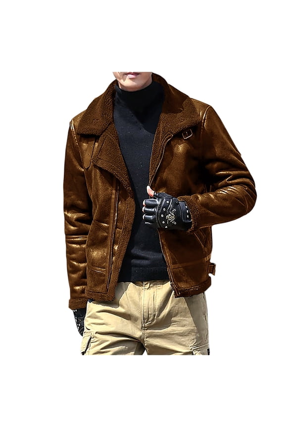 Shearling Coat Men Warm Fleece Lined Coat Aviator Shearling Sheepskin Leather Winter Jacket Lapel Work Jackets Khaki 5XL
