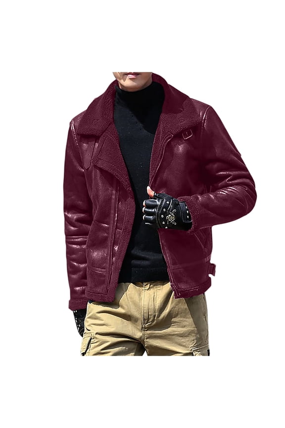 Shearling Coat Men Warm Fleece Lined Coat Aviator Shearling Sheepskin Leather Winter Jacket Lapel Work Jackets Wine 4XL