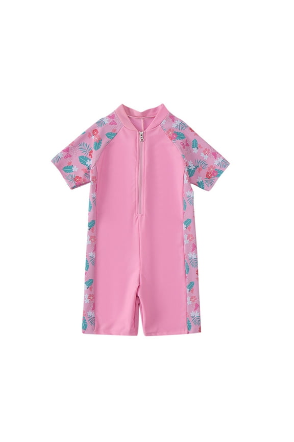 Short Sleeve Girls Boys Swimsuits UV 50+ One Pieces Bathing Suits Zipper Rash Guard Color Block Swimsuit Size 3-11Y