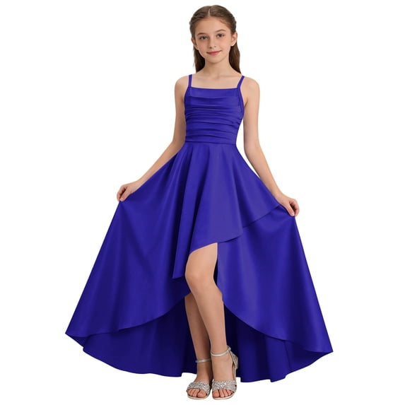 CHEEREAM Teens Junior Bridesmaid Dresses Ruffle Slit Flower Dress For Girl Square Neck Spaghetti Strap Formal High Low Dresses For Kids