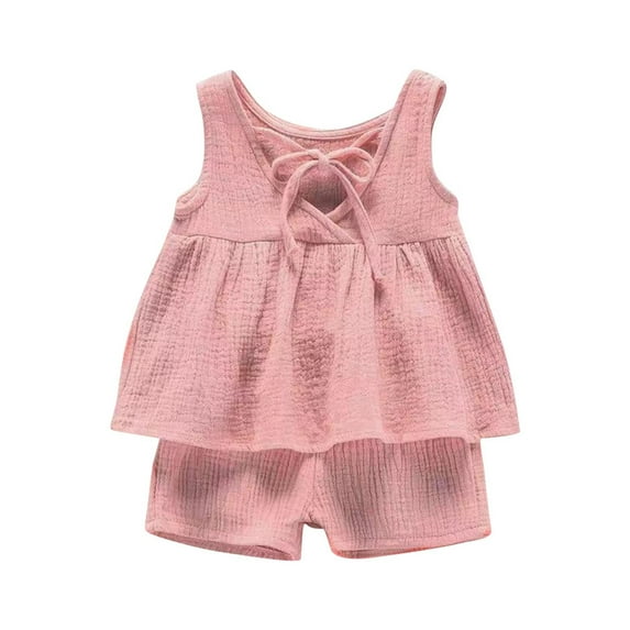 CHEEREAM Toddler Baby Girl Summer 2Pcs Outfit Cotton Linen Sets Sleeveless Ruffle Tank Top and Shorts Casual Solid Color Clothes for 6Months-4Years
