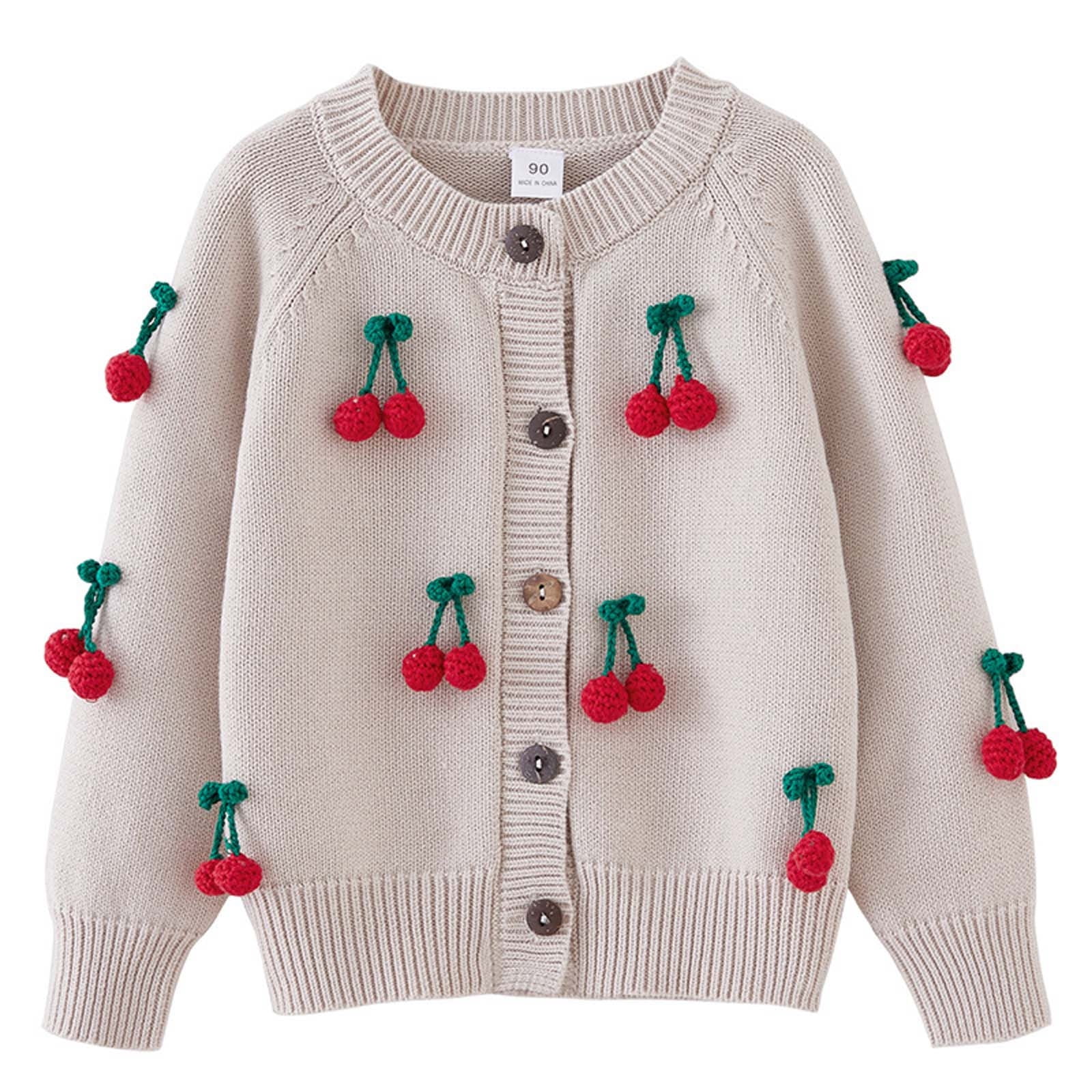 Autumn Arrival Baby Girls Comfortable Vivid Cherry Embroidery Pattern Knitted Long Sleeves Cardigan