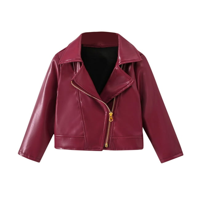 CHEEREAM Toddler Baby Girls Motorcycle Faux Leather Jackets Coat Solid Color Winter Outwear for 2-6 Y
