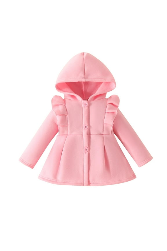 Toddler Baby Girls Single Breasted Pea Coat Kids Ruffle Long Sleeve Hooded Winter Dress Coat for 3-24 Months