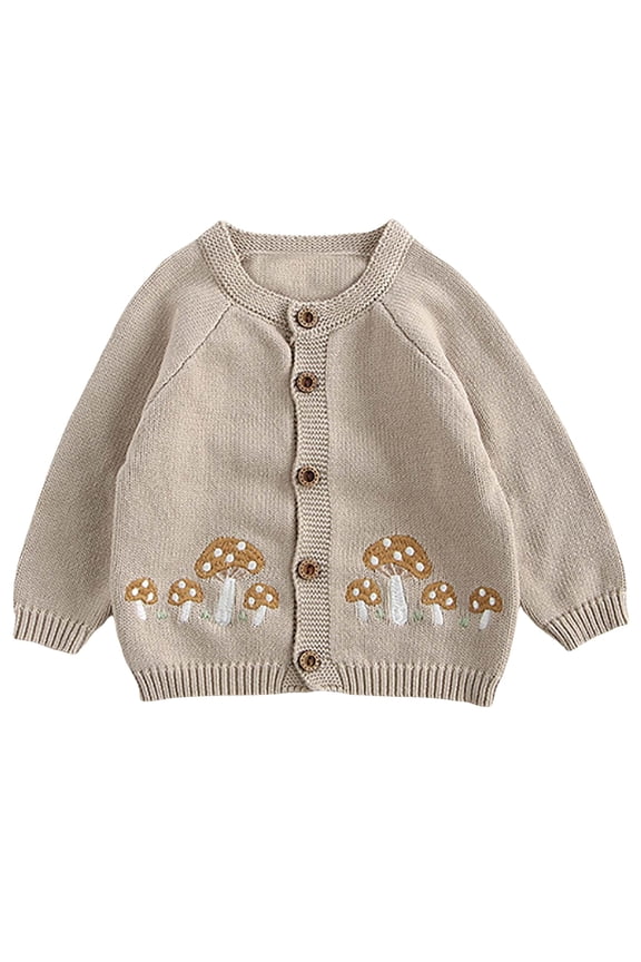 Toddler Boy Knit Button Down Cardigan Sweaters Baby Boys 100% Cotton Long Sleeve Mushrooms Embroidery Basic Sweater 3M-3T