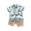 CHEEREAM Toddler Boys 2 Pieces Summer Outfits Feather Print Button Up Shirts and Solid color Shorts Set