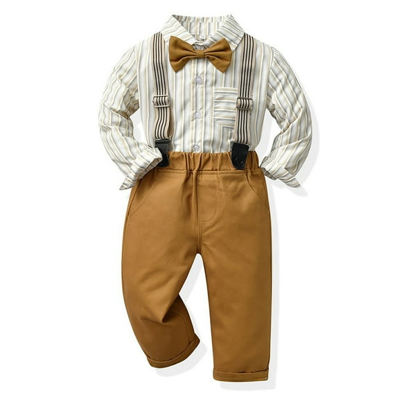 CHEEREAM Toddler Dress Suit Baby Boys Gentleman Clothes Sets Bow Ties Striped Shirts + Suspenders Pants Outfits for 2-12 Years