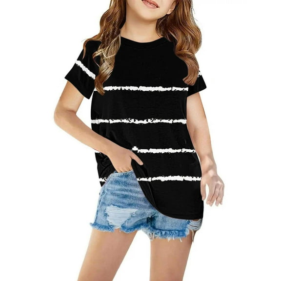 CHEEREAM Toddler Girl Casual Short Sleeve Shirts Round Neck Tunic Tops Kids Striped Print Tee Summer Blouses Size 3-14 Years