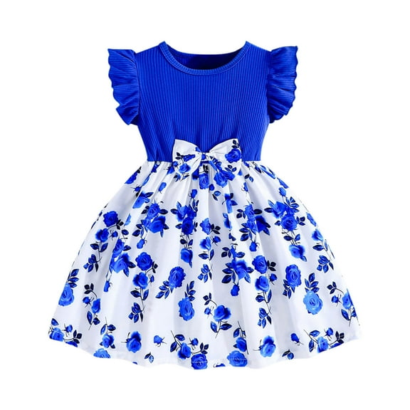 CHEEREAM Toddler Girl Floral Dress Ribbed Ruffle Sleeve Flower Print Casual Sundress Kids Summer Dresses Size 3-8 Years Blue 2 Years