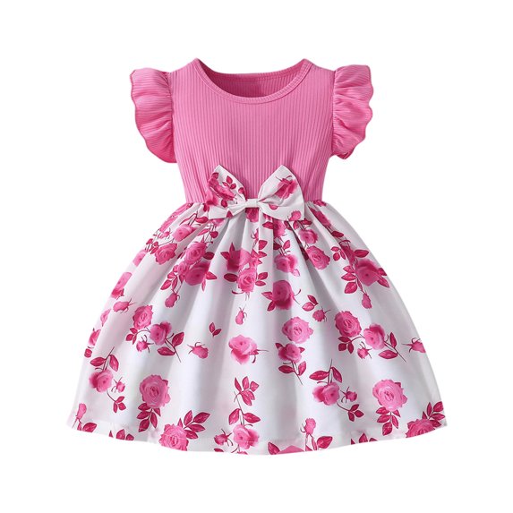 CHEEREAM Toddler Girl Floral Dress Ribbed Ruffle Sleeve Flower Print Casual Sundress Kids Summer Dresses Size 3-8 Years Pink 2 Years