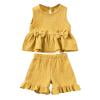 thumbnail image 1 of CHEEREAM Toddler Girl Summer Clothes Baby Solid Linen Outfit Bows Ruffle Tank Tops Shirts + Ruffled Short Set, 1 of 9