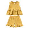 CHEEREAM Toddler Girl Summer Clothes Baby Solid Linen Outfit Bows Ruffle Tank Tops Shirts   Ruffled Short Set