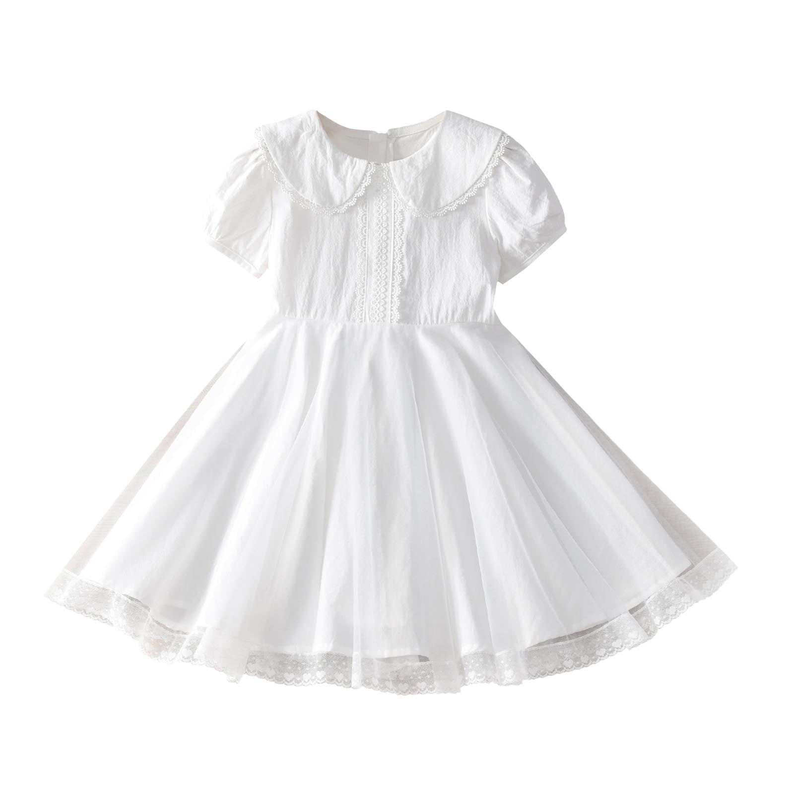 CHEEREAM Toddler Girls Casual Dress Puff Sleeve A-Line Swing Flared Party Birthday Dresses with Peter Pan Collar for 2-14 Years White 4 Years