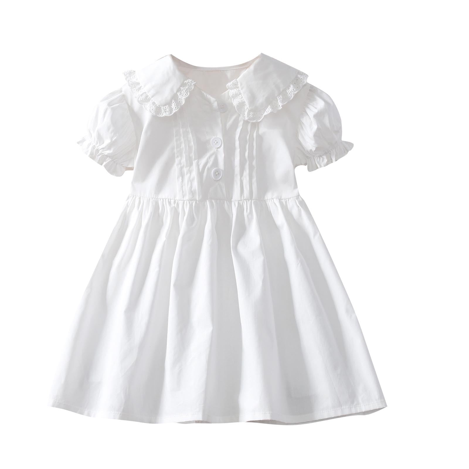 CHEEREAM Toddler Girls Casual Dress Puff Sleeve A-Line Swing Flared Party Birthday Dresses with Peter Pan Collar for 2-14 Years White 4 Years