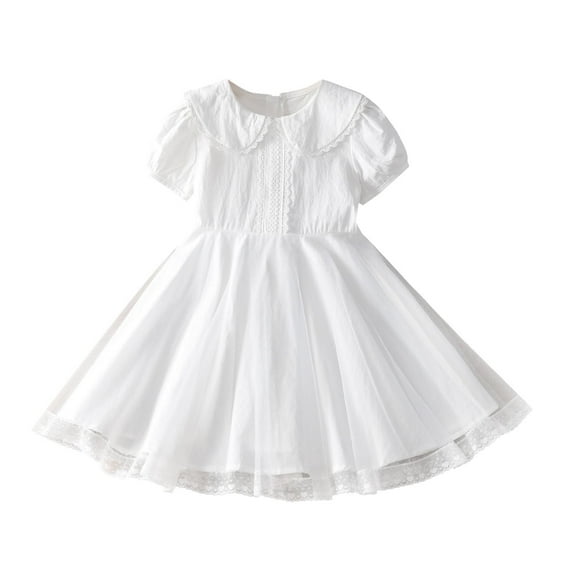 CHEEREAM Toddler Girls Casual Dress Puff Sleeve A-Line Swing Flared Party Birthday Dresses with Peter Pan Collar for 2-14 Years White 5 Years