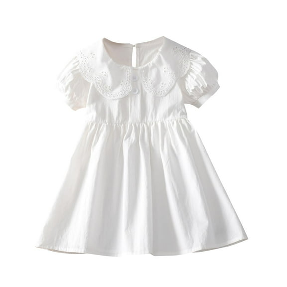 CHEEREAM Toddler Girls Casual Dress Puff Sleeve A-Line Swing Flared Party Birthday Dresses with Peter Pan Collar for 2-14 Years White 7 Years