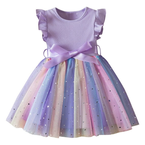 CHEEREAM Toddler Girls Tulle Dress Ruffle Sleeveless Summer Ribbed Dress Baby Girl Fashion Tutu Dresses 1-6Y Purple 3 Years