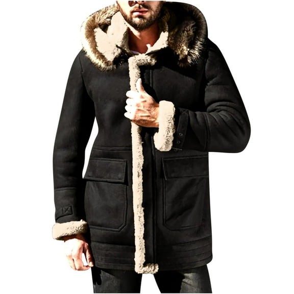 CHEEREAM Winter Coats for Men Shearling Leather Coat Faux Suede Sherpa Lined Heavyweight Flight Bomber Sheepskin Coats with Hooded Black 3XL