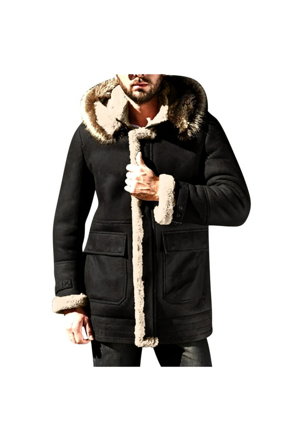 Winter Coats for Men Shearling Leather Coat Faux Suede Sherpa Lined Heavyweight Flight Bomber Sheepskin Coats with Hooded Black 3XL