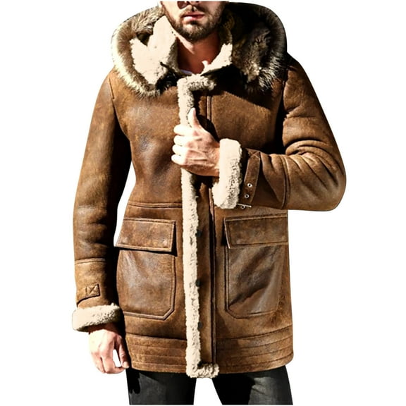 CHEEREAM Winter Coats for Men Shearling Leather Coat Faux Suede Sherpa Lined Heavyweight Flight Bomber Sheepskin Coats with Hooded Khaki M