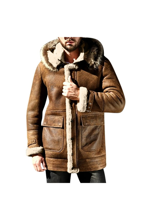 Winter Coats for Men Shearling Leather Coat Faux Suede Sherpa Lined Heavyweight Flight Bomber Sheepskin Coats with Hooded Khaki M