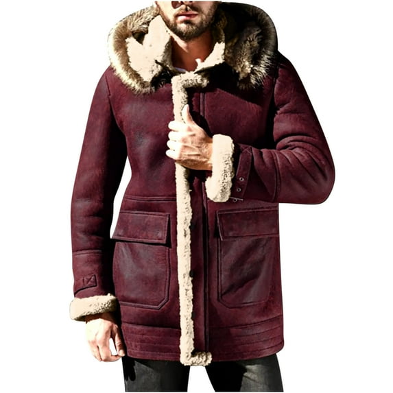 CHEEREAM Winter Coats for Men Shearling Leather Coat Faux Suede Sherpa Lined Heavyweight Flight Bomber Sheepskin Coats with Hooded Wine L