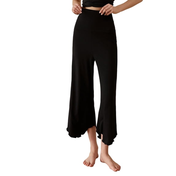 CHEEREAM Womens Baggy Cropped Pants Athletic Straight Wide Leg Elastic Waist Trousers Pull On Lightweight Brethable Summer Yoga Sports Bottom Loose Ruffle Cuff Split