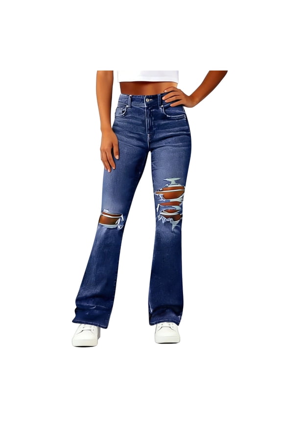 Womens Bell Bottom Jeans Flared Ripped Stretchy High Rise Trouser Cut Out Distressed Bootcut Denim Pants