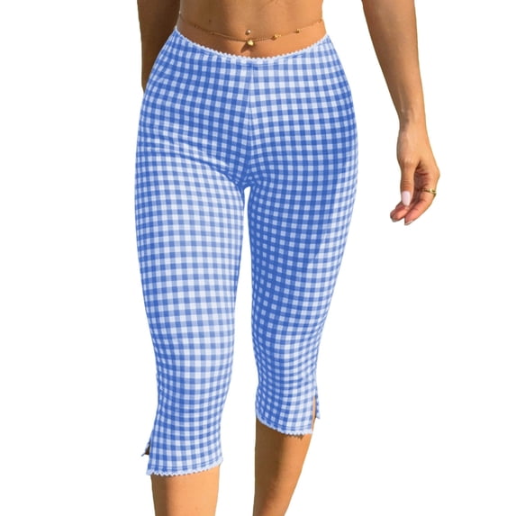 CHEEREAM Womens Capri Leggings Plaid Print Elastic Waisted Cropped Pants Skinny Split Hem Bottom