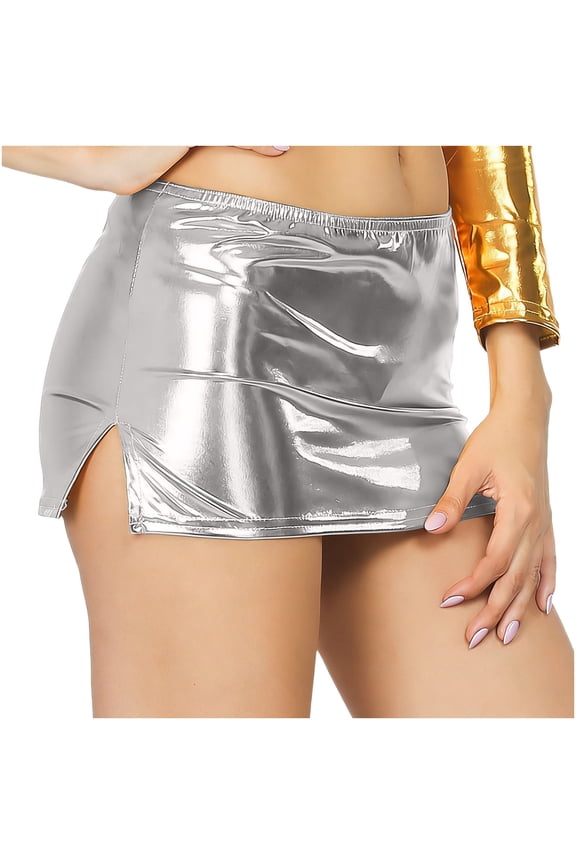 Womens Metallic Mini Skirt Shiny Bodycon Side Splited Micro Short Skirt For Party Dance Clubwear