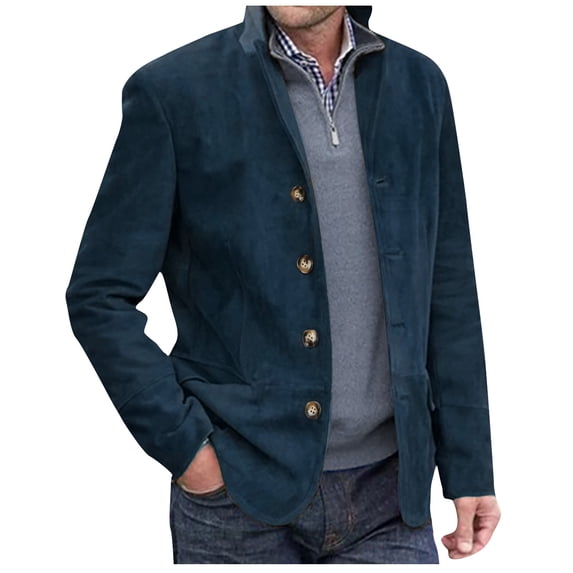CHEEREAM Wool Coat Men Heavy Industry Vintage Work Retro Casual Men's Full Zip Jacket Single Breasted Office Fall Winter Overcoat Dark Blue 3XL