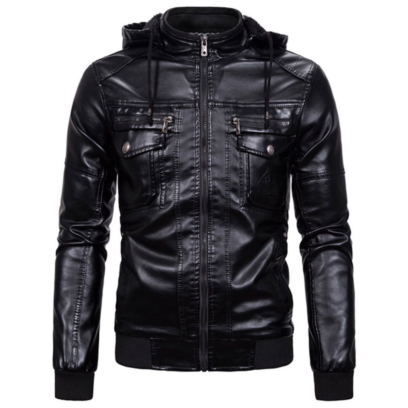 CHEEREAM en's Faux Leather Jacket Motorcycle Jacket Waterproof Windproof PU Moto Vintage Bomber Hoodie with Hood Black XXL