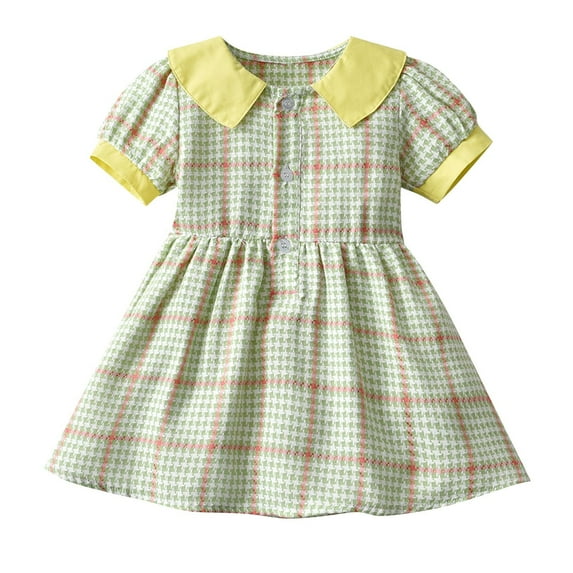 CHEEREAM kids Baby Girls Casual Dress Toddler Short Sleeve Doll-Collar Dress Plaid Sundress for Spring Summer 1-8 Years Green 1 Years