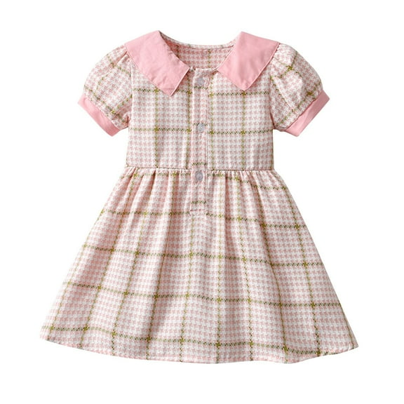 CHEEREAM kids Baby Girls Casual Dress Toddler Short Sleeve Doll-Collar Dress Plaid Sundress for Spring Summer 1-8 Years Pink 2 Years