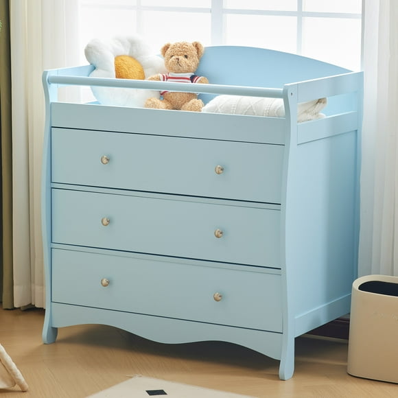 CHEERFUN 3-Layer Wooden Baby Drawer with Safety Belt, Blue, 90.5x58x92cm, Durable Density Board