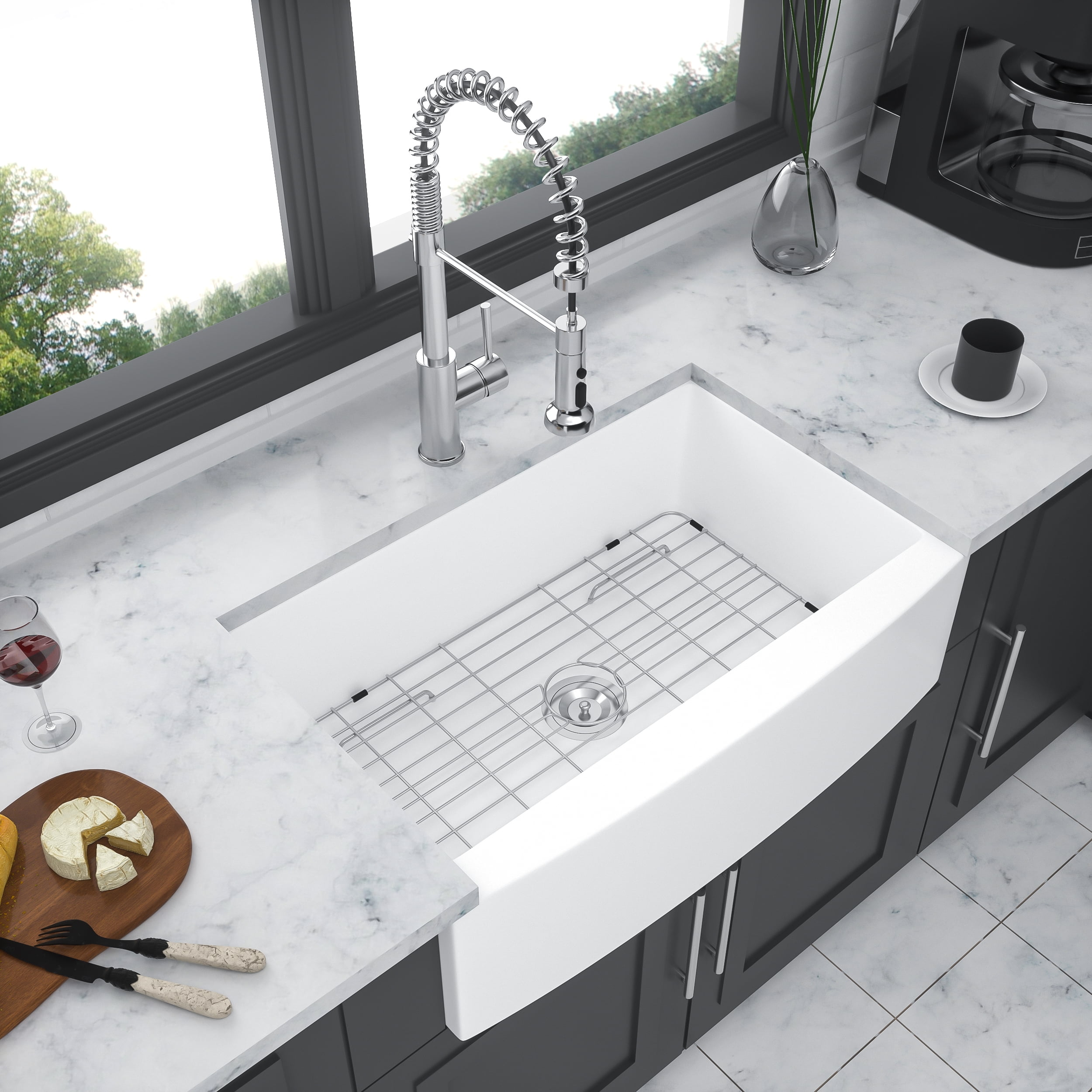 CHEERFUN 33 Inch White Farmhouse Sink - Ceramic Apron Front Single Bowl Kitchen Sink with Grid